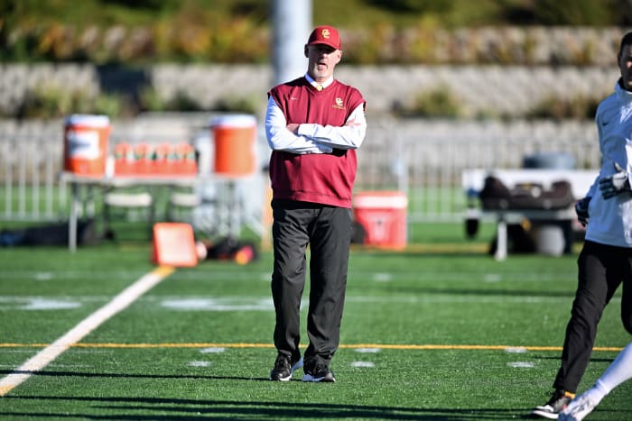 Steve Pyne cases the field at Hillsboro Stadium before leading Central Catholic to a 2023 OSAA 6A state championship win over Tualatin in November, his fifth state title. (Photo by Leon Neuschwander)
